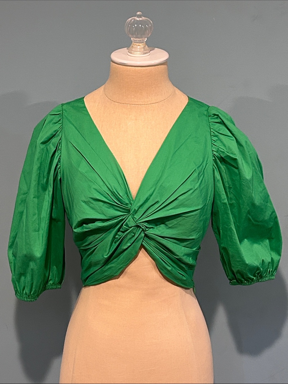 Jason Wu Front Twist Crop Top size XS Kelly Green Puff Sleeves